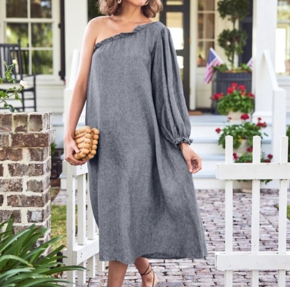 LAKE Women's Blue Milly Linen One Shoulder Midi Dress Chambray Size XXL
